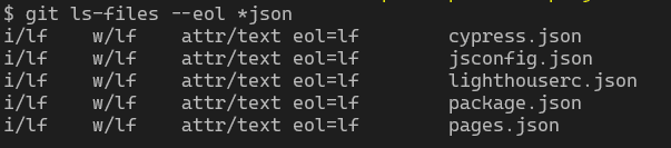 Terminal output after running git ls-files command with the eol flag on JSON files.